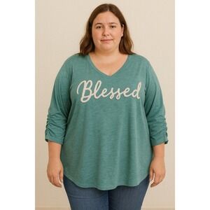 Joei & I Womens Tunic T-Shirt Top Size 3X Green V-Neck Ruched 3/4 Sleeve Blessed